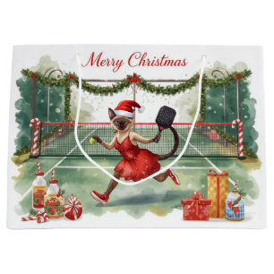 Pickleball Christmas themed with cat  Large Gift Bag