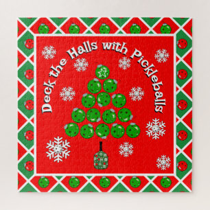 Pickleball Christmas Tree Deck the Halls Red Green Jigsaw Puzzle
