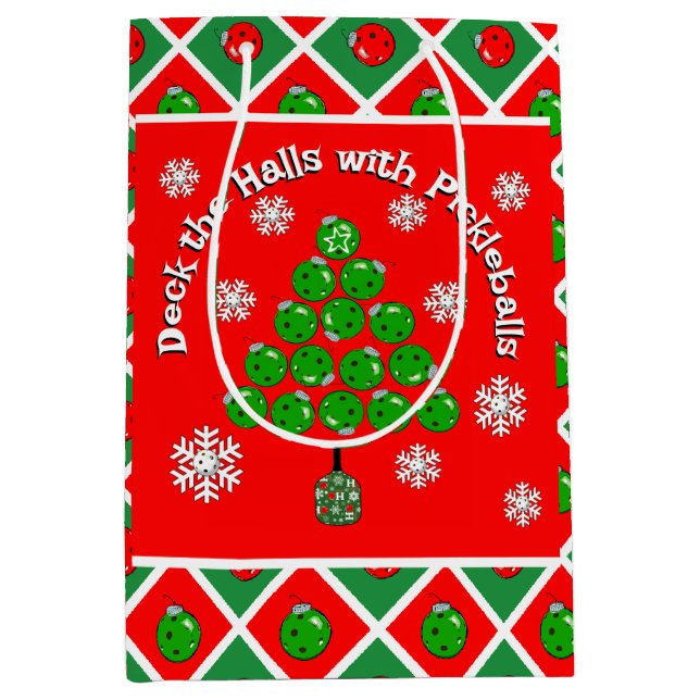 Pickleball Christmas Tree Deck the Halls Red Green Medium Gift Bag (Front)