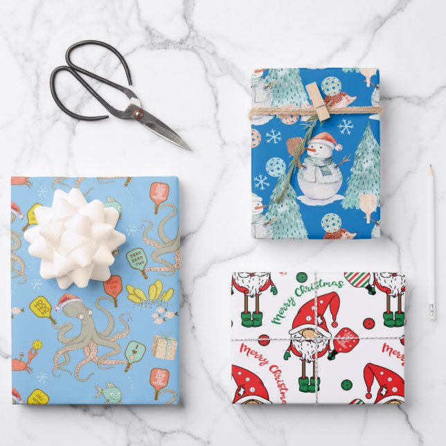  Pickleball Christmas Wrapping Paper Sheets (Front)