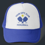 Pickleball Club Team Player Custom Pickle Gift Trucker Hat<br><div class="desc">Standout on the pickleball court in this super cool hat featuring crossed pickleball paddles, a ball and your custom text. Easily change the wording to include your pickleball club name, team name, city/location or any wording your choose. Also change the font and graphic colours - just click edit/personalise. Makes an...</div>