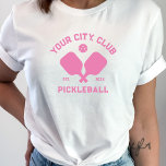 Pickleball Club Team Player Custom Pickler Gift T-Shirt<br><div class="desc">Standout on the pickleball court in this super cool t-shirt featuring crossed pickleball paddles, a ball and your custom text. Easily change the wording to include your pickleball club name, team name, city/location or any wording your choose. Also change the font and graphic colours - just click edit/personalise. Makes an...</div>