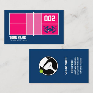 Pickleball coach, pink and navy Pickleball court Business Card