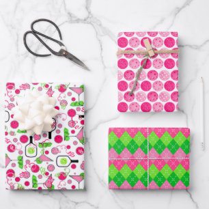  Pickleball Cocktail Preppy Pink Green Celebration Wrapping Paper Sheet