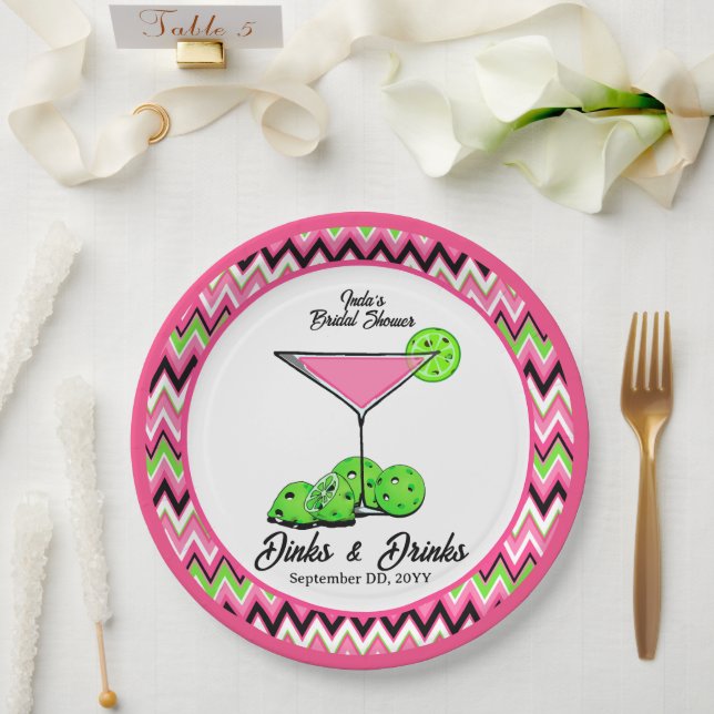 Pickleball Cosmo Dinks & Drinks Pink Argyle Paper Plate (Wedding)