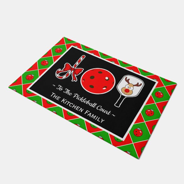Pickleball Court Christmas Joy Festive Entryway Doormat (Angled)