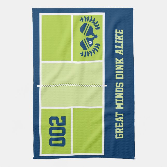 Pickleball court with custom text and background   tea towel (Vertical)