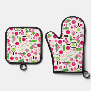 Pickleball Day Dinking Cosmo Cocktail Pink Green Oven Mitt & Pot Holder Set