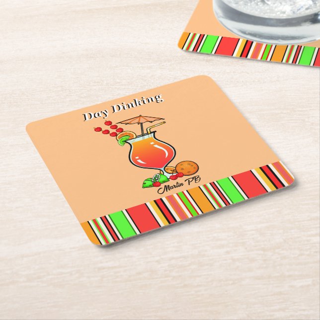 Pickleball Day Dinking Tropical Hurricane Cocktail Square Paper Coaster (Angled)