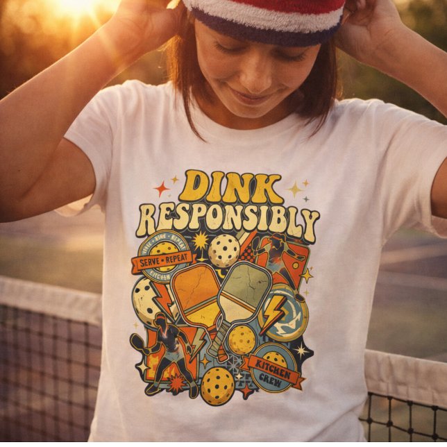 Pickleball Dink Responsibly Paddle Player T-Shirt (Fun Pickleball shirt. Bootleg 70's retro vintage look. Dink Responsibly. )