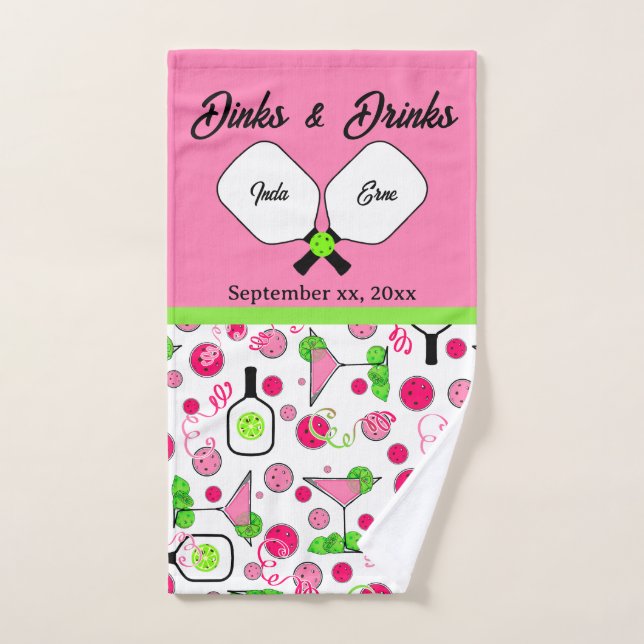Pickleball Dinks & Drinks Bridal Shower Pink Cosmo Hand Towel (Hand Towel)