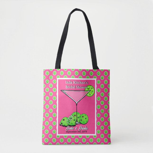Pickleball Dinks & Drinks Pink & Green Personalise Tote Bag (Front)