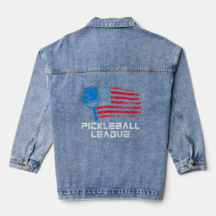 Pickleball Distressed American USA Flag Pickleball Denim Jacket
