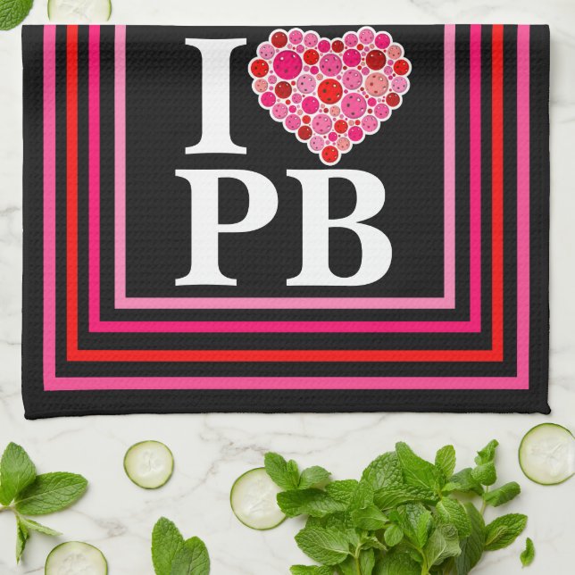 Pickleball Filled Heart Pink and Red I Heart PB Tea Towel (Folded)