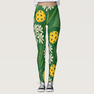 Pickleball Floral Leggings With Stylized Balls