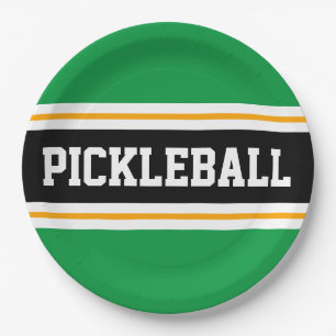 PICKLEBALL Fun Athletic Bold Green Black Stripes Paper Plate