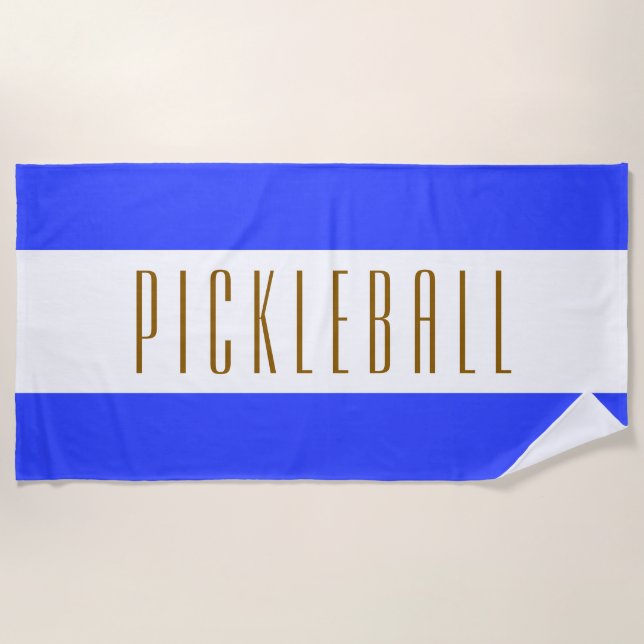 PICKLEBALL Fun Sporty Bright Blue White Stripes  Beach Towel (Front)