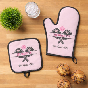 Pickleball Gal Paddles Pink Monogram First Name Oven Mitt & Pot Holder Set