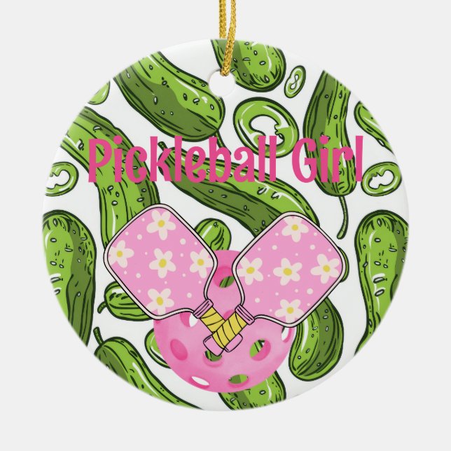 Pickleball Girl Pickles and Pickleballs Custom Ceramic Tree Decoration (Front)