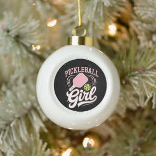 Pickleball Girl Player Ceramic Ball Christmas Ornament