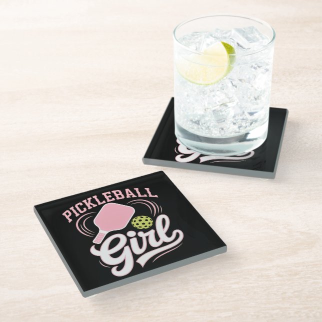 Pickleball Girl Player Glass Coaster (Angled)