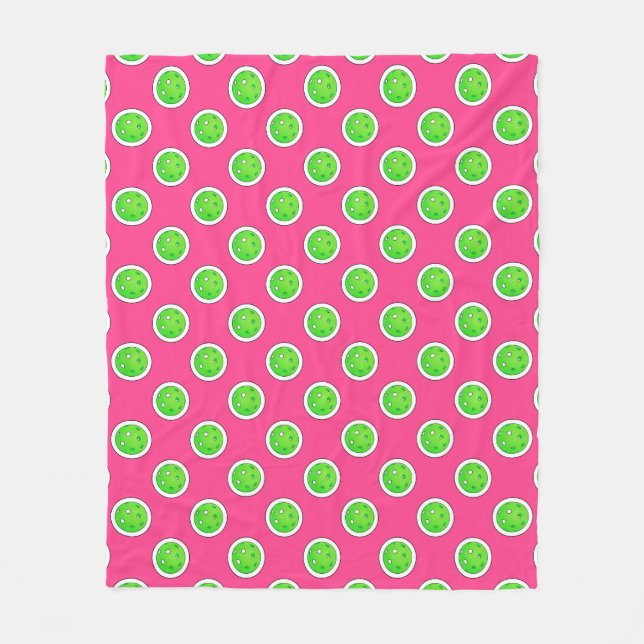Pickleball Green Pickleballs Polka Dots Hot Pink Fleece Blanket (Front)