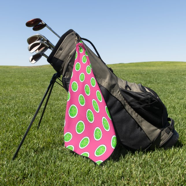 Pickleball Green Pickleballs Polka Dots Hot Pink Golf Towel (Green)