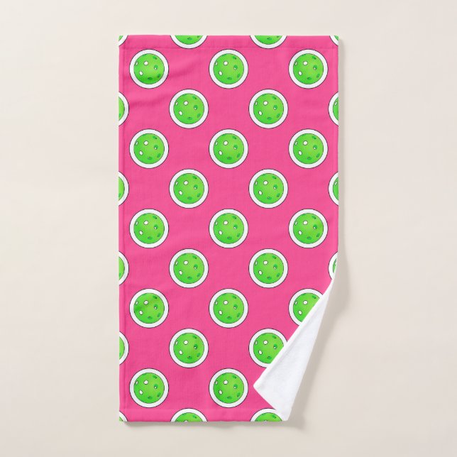 Pickleball Green Pickleballs Polka Dots Hot Pink Hand Towel (Hand Towel)