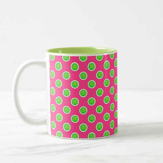 Pickleball Green Pickleballs Polka Dots Hot Pink Two-Tone Coffee Mug (Left)