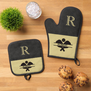 Pickleball Guy Monogram Initial Name Oven Mitt & Pot Holder Set
