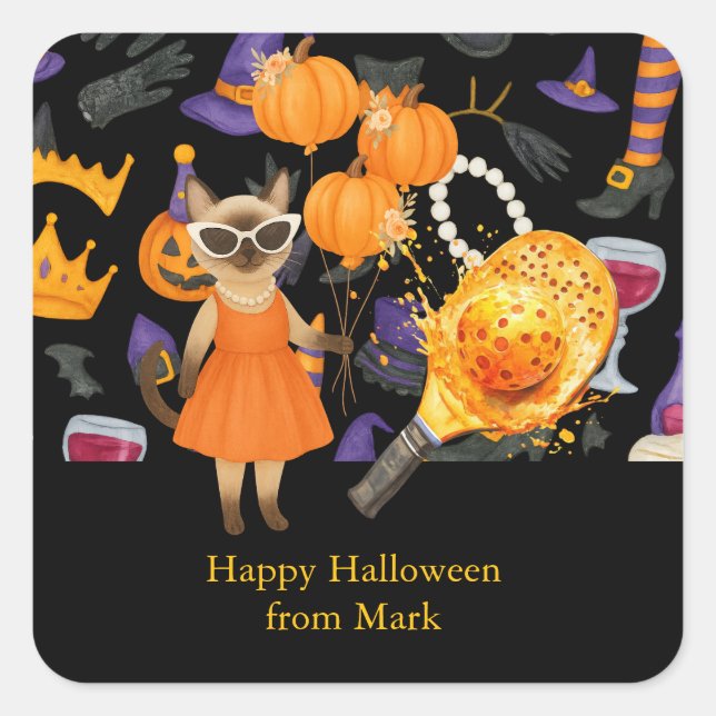 Pickleball halloween party for cat lovers  square sticker (Front)