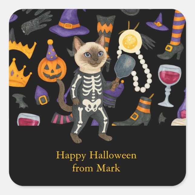 Pickleball halloween party for cat lovers  square sticker (Front)
