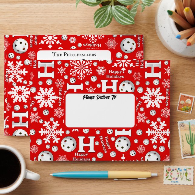 Pickleball Happy Ho Ho Holiday Snowballs Red White Envelope (Desk)
