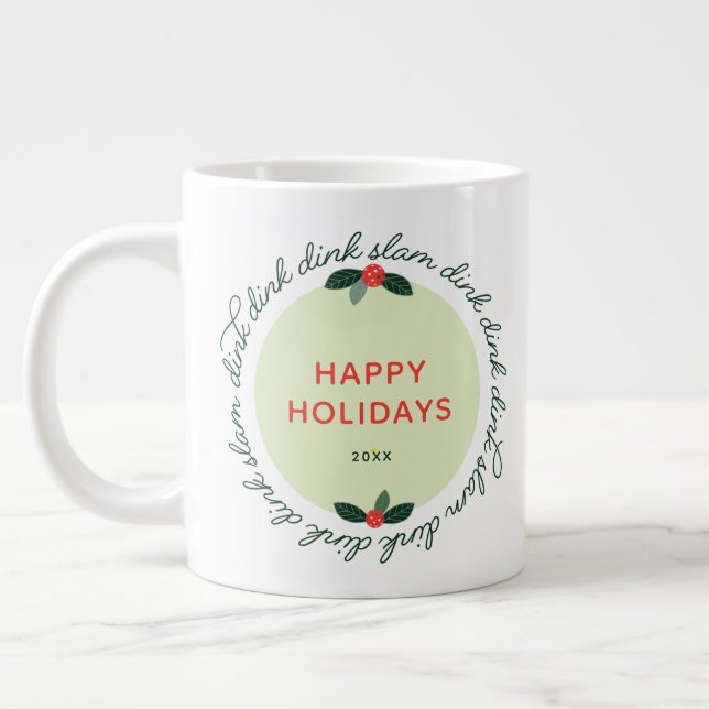 Pickleball Happy Holidays Custom Year Wreath Large Coffee Mug (Left)