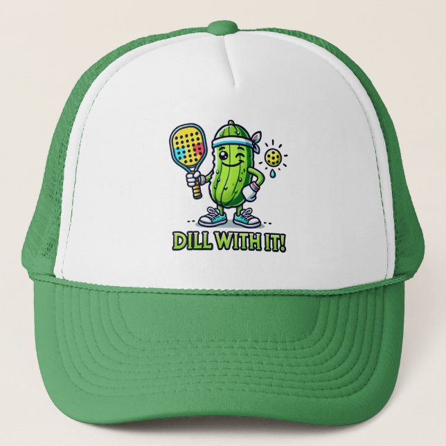 Pickleball Hat - Cute Cartoon Pickle with Paddle (Front)