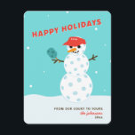 Pickleball Holiday Christmas Humourous Snowman Car<br><div class="desc">Your family and friends will get a chuckle when they open this pickleball snowman holiday card! In red,  blue and white. Text below the snowman is customisable. Part of a collection from Parcel Studios.</div>