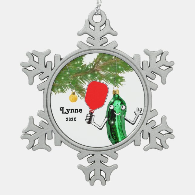 Pickleball Holiday Gift Snowflake Pewter Christmas Ornament (Front)