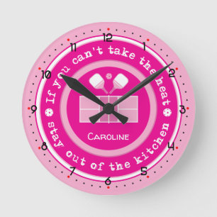 Pickleball: if you cant take the heat custom text round clock