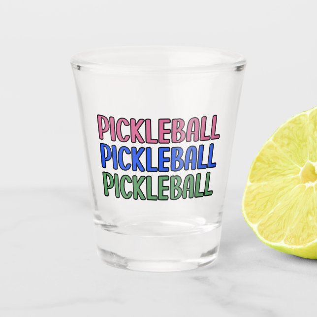 Pickleball in Pink Blue Green Typography Shot Glass (Front)