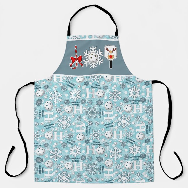 Pickleball Joy Christmas Blue White Reindeer Apron (Front)