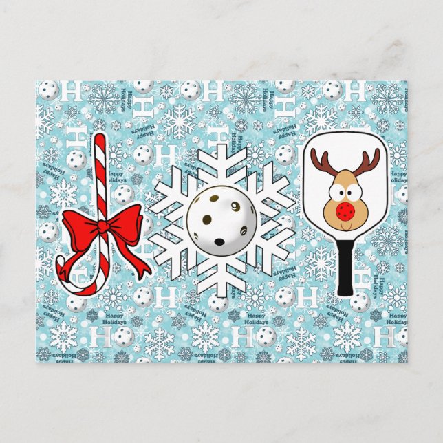 Pickleball Joy Christmas Ho Ho Ho Snowballs Blue Holiday Postcard (Front)