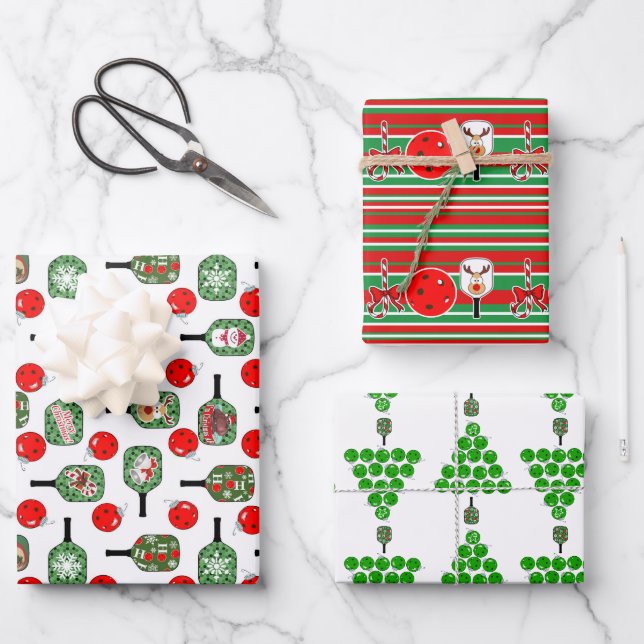 Pickleball Joy Christmas Ornaments Red Green White Wrapping Paper Sheet (Front)
