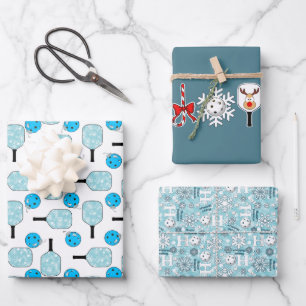 Pickleball Joy Christmas Party Blue White Ornament Wrapping Paper Sheet