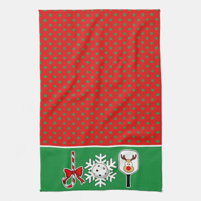 Pickleball Joy Christmas Party Green red Reindeer Tea Towel (Vertical)