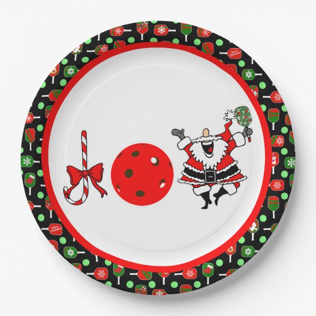 Pickleball Joy Christmas Party Red Green and Black Paper Plate (Front)
