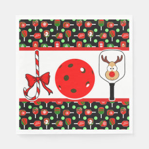 Pickleball Joy Christmas Party Red Green on Black Napkin