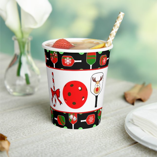 Pickleball Joy Christmas Party Red Green on Black Paper Cups (Insitu)