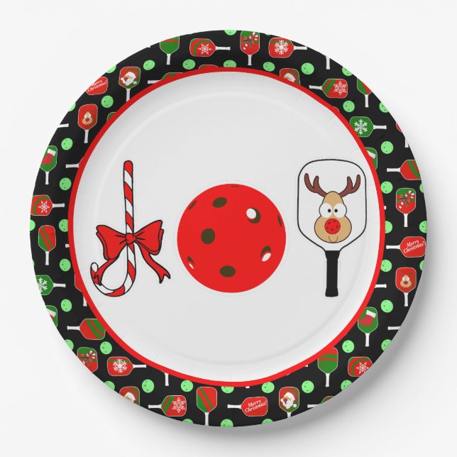 Pickleball Joy Christmas Party Red Green on Black Paper Plate (Front)