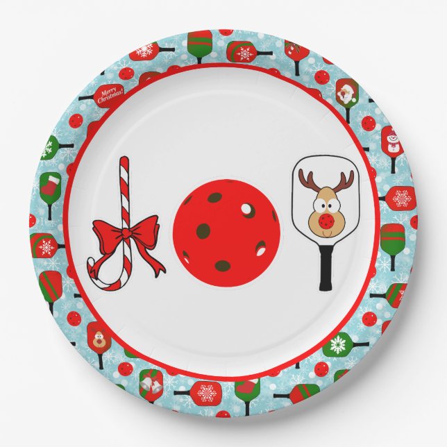 Pickleball Joy Christmas Party Red Green on Blue Paper Plate (Front)