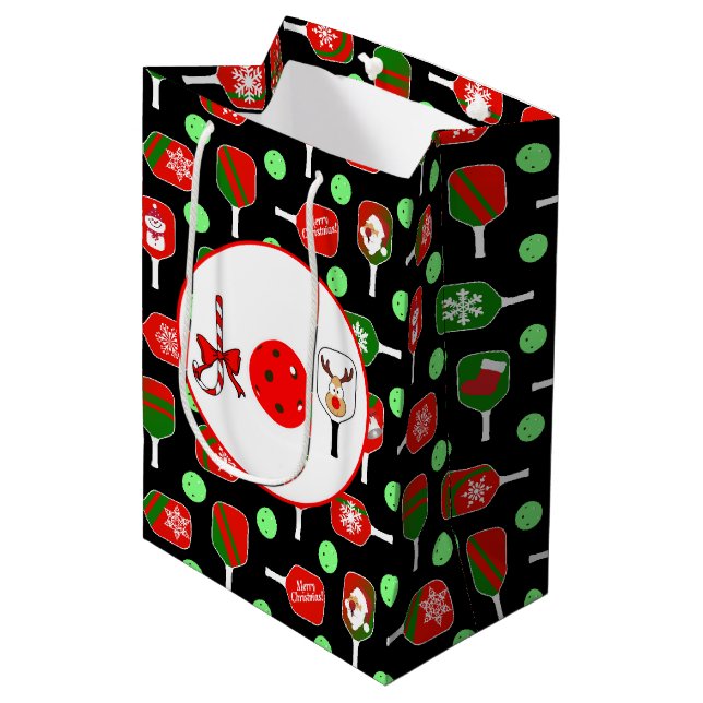 Pickleball Joy Christmas Party Red Green Ornaments Medium Gift Bag (Front Angled)